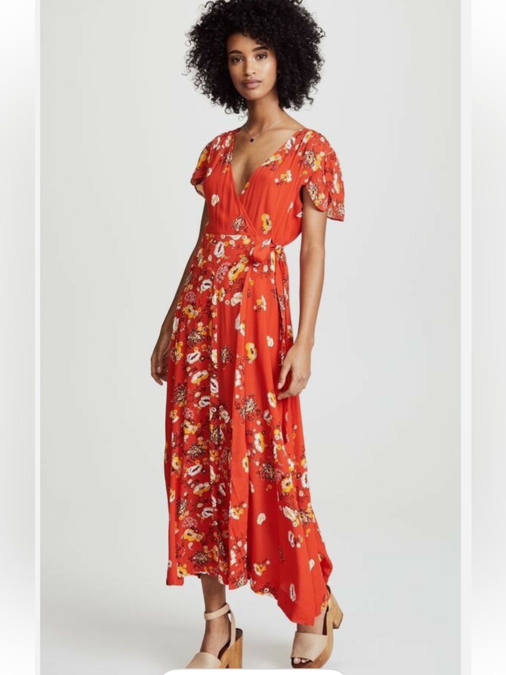 Free People red floral combo Jess wrap maxi dress cap sleevee